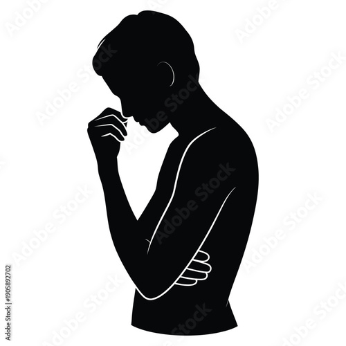 Silhouette of a man contemplating with hand to face in thought