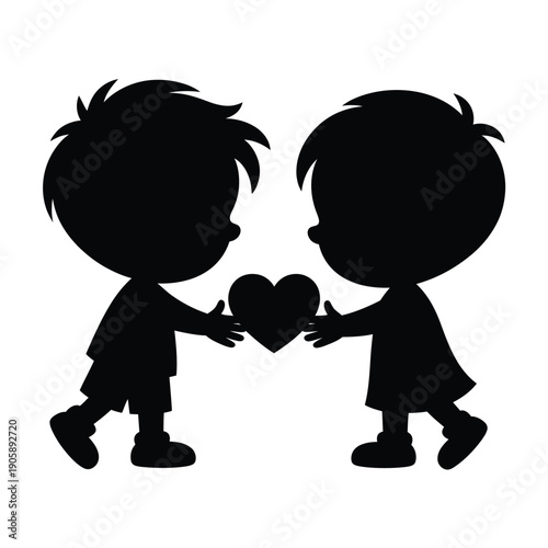 Two children share a heart shaped symbol in a silhouette illustration