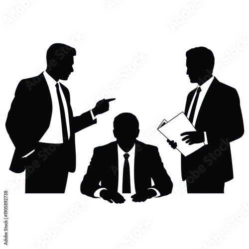 A tense business meeting depicted as a stark black and white silhouette