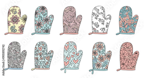 Collection of colorful patterned oven mitts with hanging loops