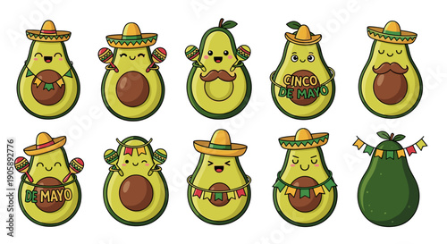 Collection of cute cartoon avocados with various expressions and accessories