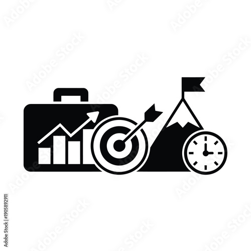 Business success concept with mountain briefcase and target symbols