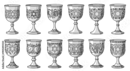 Set of ten ornate vintage glass goblets with intricate patterns