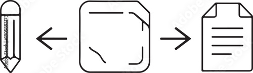 Pencil arrow pointing to a square with curved lines leading to a document with lines