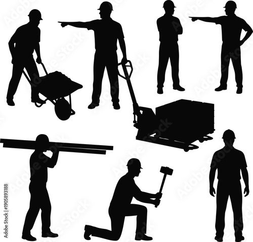 Silhouettes of construction workers performing various labor tasks