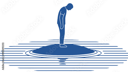 A lone figure stands on a small island surrounded by concentric circles.