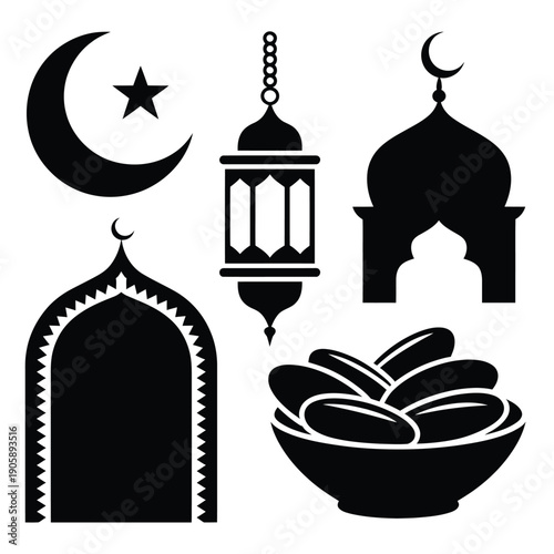 Islamic elements including a crescent moon lantern and dates illustration
