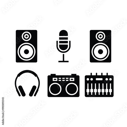 Black silhouette icons depicting audio equipment for music production