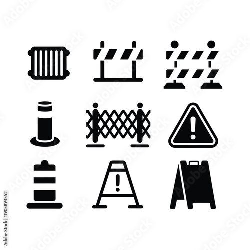 Collection of black silhouette icons depicting various road and construction barriers