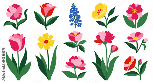 Collection of colorful spring flowers with green leaves