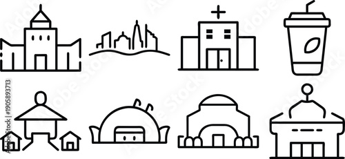 Building web icons in line style. Hotel, hospital, apartament, city, town house, mall, coffee, collection. Vector illustration.
