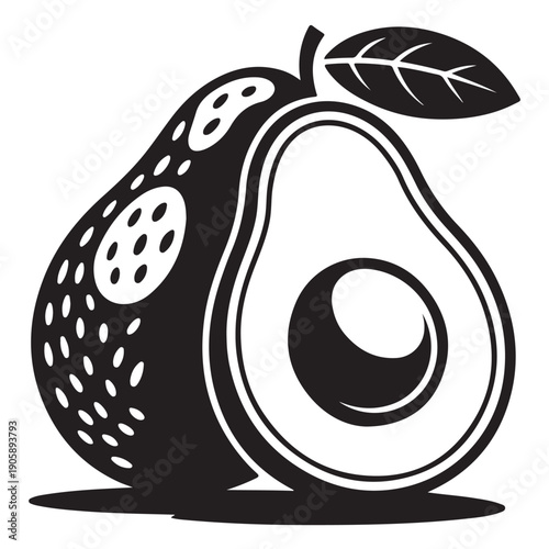 Stylish black and white vector illustration of a whole avocado fruit with a decorative texture next to a perfectly sliced half showing its pit and creamy flesh