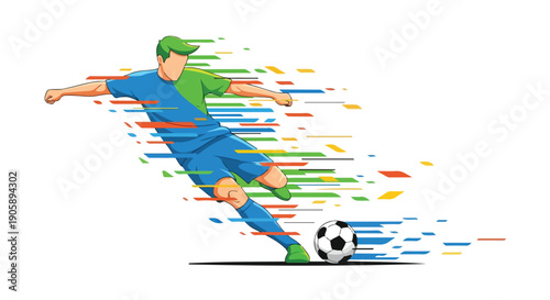 Motion-blurred illustration of a soccer player kicking a ball with dynamic colorful streaks on a white background.