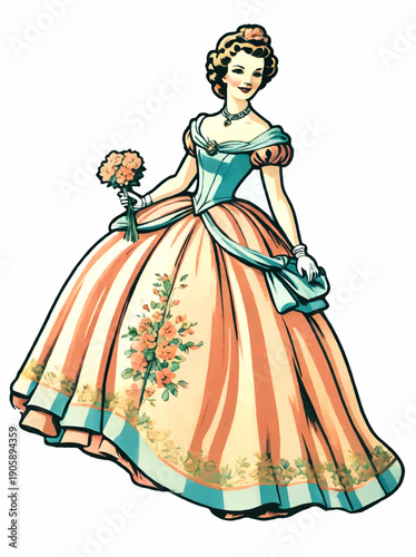 cartoon lady in 18th century robe vecot illustration