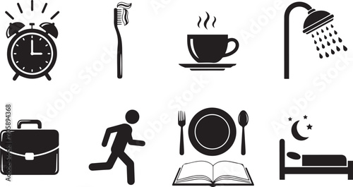 Black Silhouette Icons Representing Daily Morning Routine and Evening Keywords: morning, routine