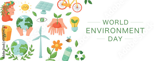 World Environment day horizontal banner with cute doodles of renewable energy, recycle trash bins, leaves, pants. EPS 10