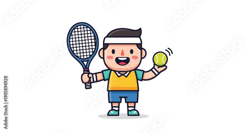 A cheerful cartoon boy holding a tennis racket and ball with a joyful expression on a white background.