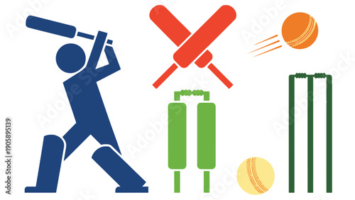 Cricket icon set with player, bat, ball and wickets illustration