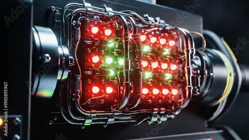 A close-up view of a complex electronic device with rows of red and green lights