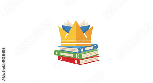 Stack of books with golden crown.