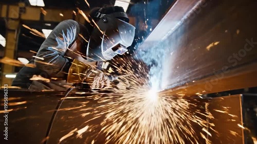 A person wearing a welding helmet and protective gear works on a metal piece, sparks flying everywhere