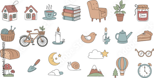 Cute Slow Living Icons Set for Relaxation, Mindfulness, and Cozy Lifestyle – Hand-Drawn Vector Illustrations