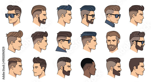 Flat illustration of diverse male head profiles with various hairstyles and beards against a clean white background.