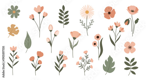 Flat lay of various colorful flowers and leaves in shades of pink, green, and orange against a clean white background.