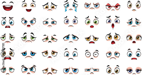 Expressive Cartoon Face Emoticons: A Versatile Set for Character Design, Animation, and Emotional Storytelling, Ideal for Graphic Design Projects and Creative Marketing Materials