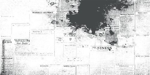 Faded distressed newspaper page with textured gray ink print and scattered dots on white background vintage Vector white and black newspaper paper grunge vintage 