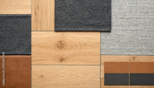 Material texture samples with wood fabric leather and stone, interior design moodboard concept, natural surfaces collage, modern architecture and decor inspiration
