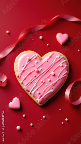 Pink heart shaped cookie with icing on red background, love and romance concept, valentines day dessert, sweet celebration, festive mood, minimal creative food style
