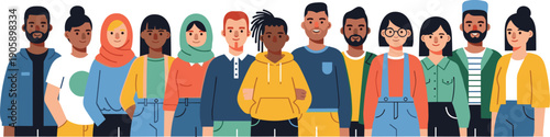 Diverse Group of People Standing Together in Unity: A Flat Vector Illustration Showcasing Multiculturalism, Inclusion, and Community with a Simple and Modern Aesthetic