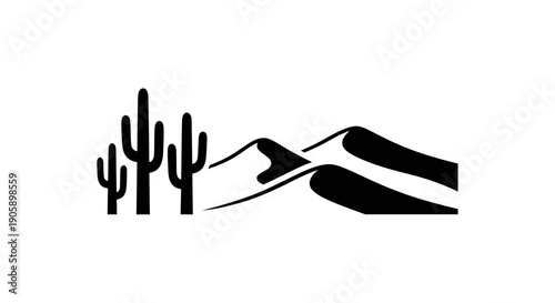 Black silhouette of desert cacti plants.