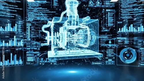 A futuristic blue-toned digital rendering of a coffee maker surrounded by data visualizations on screens, creating an immersive, high-tech environment