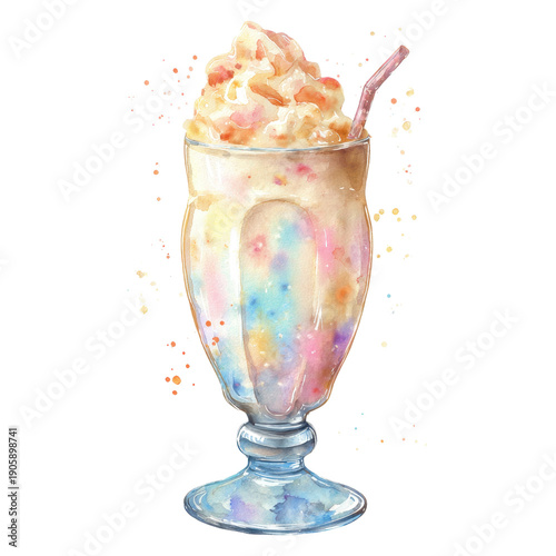 Colorful Ice Cream Sundae in Tall Glass with Whipped Cream and Straw