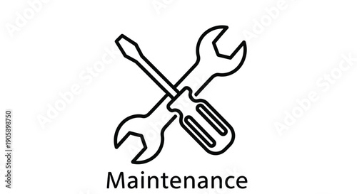 A black and white line art illustration of a screwdriver and wrench crossing