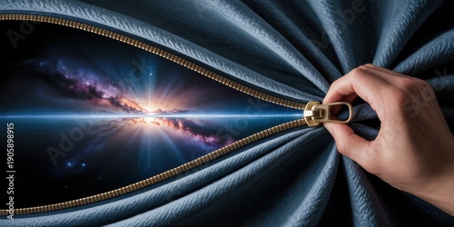 Hand opening curtain to reveal galaxy and sunrise in space surreal concept of universe discovery future vision imagination and new reality