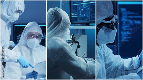 Technology and medical concept. Scientists, lab equipment and microscopes in biomedical innovations and clinical studies. Ideal for educational content. Vertical videos.