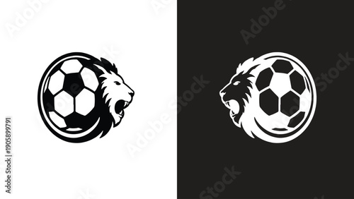 Lion Head and Soccer Ball Mascot Logo Vector Illustration for Football Team or Sports Club.