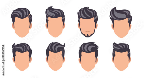 Flat lay illustration of eight cartoon men's hairstyles and facial hair on a white background.