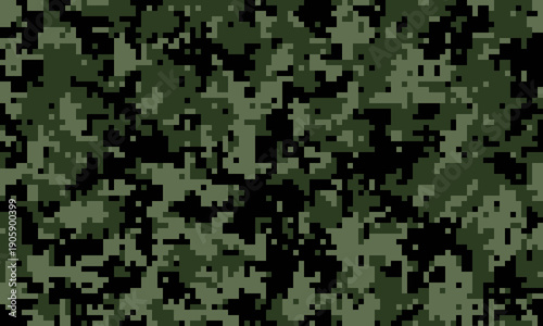 Abstract digital camouflage pattern.  Dark green, black pixelated texture. Ideal for backgrounds, military themes, gaming, or tech designs.