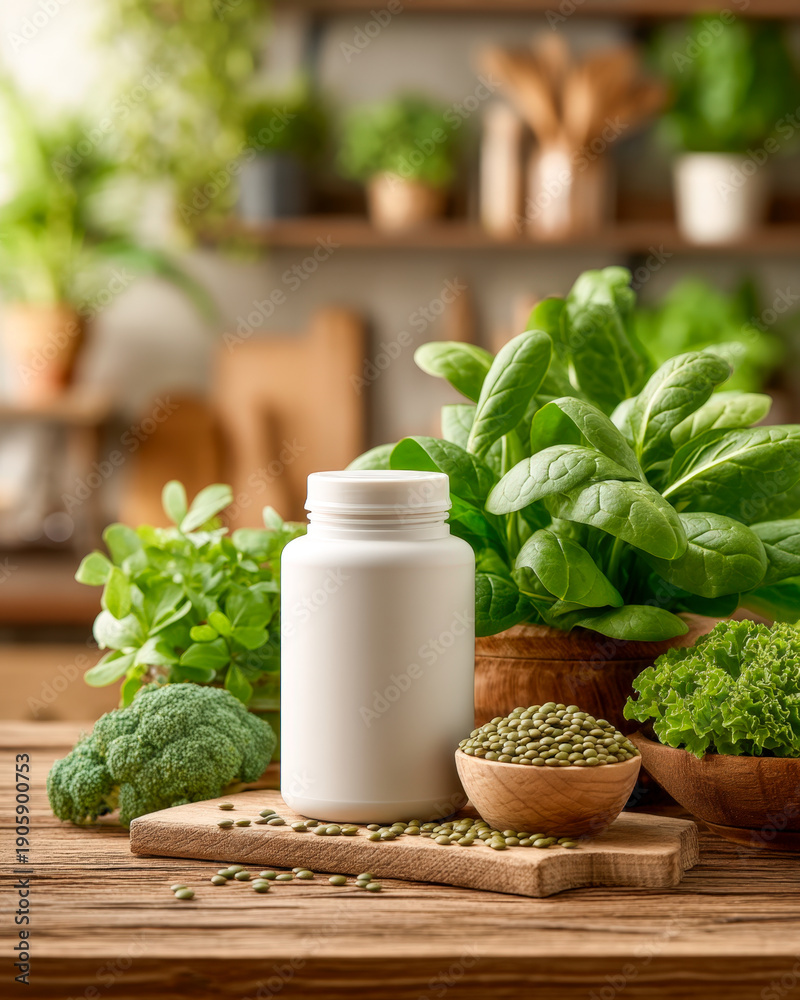 Obraz premium Bottle of Plant-Based Iron Supplement on Kitchen Table with Fresh Vegetables and Soft Background