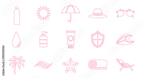 Red line icons of summer vacation and skin protection on white background