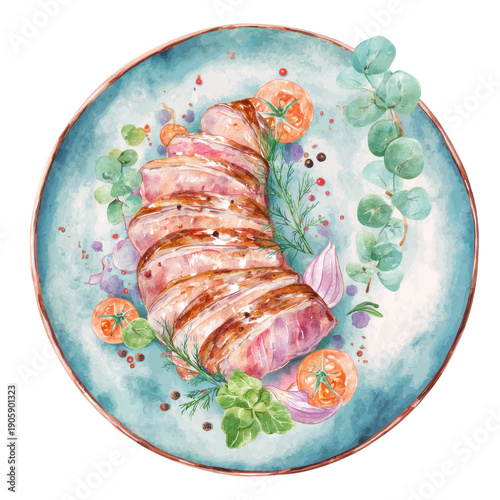 Grilled Meat Dish with Fresh Herbs and Vegetables on Plate