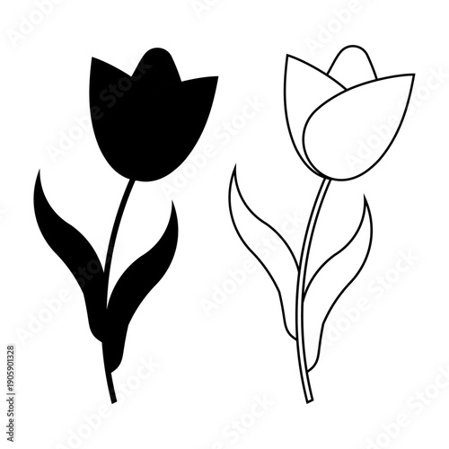 Minimal tulip flower silhouette and outline vector illustration set featuring elegant botanical shapes in black and white style suitable for spring design floral decoration branding logo print
