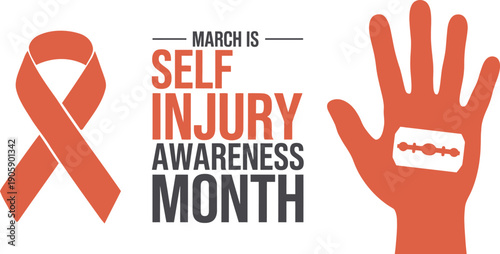 Self-Injury Awareness Month March Poster with Orange Ribbon and Hand Silhouette for Mental Health Advocacy, Support Groups and Educational Outreach