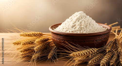 A mound of flour in a bowl with wheat stalks on wood