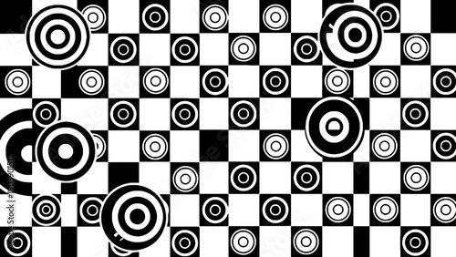 Abstract black and white checkerboard pattern with concentric circles.
