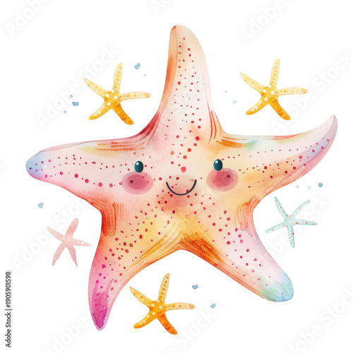 Cute and Colorful Starfish with Happy Facial Expression in Watercolor